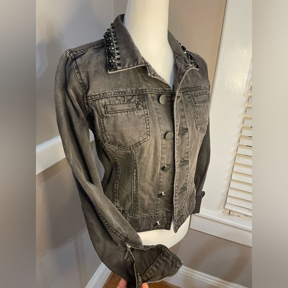 CAbi Distressed Black Jean Jacket Size XS NWOT